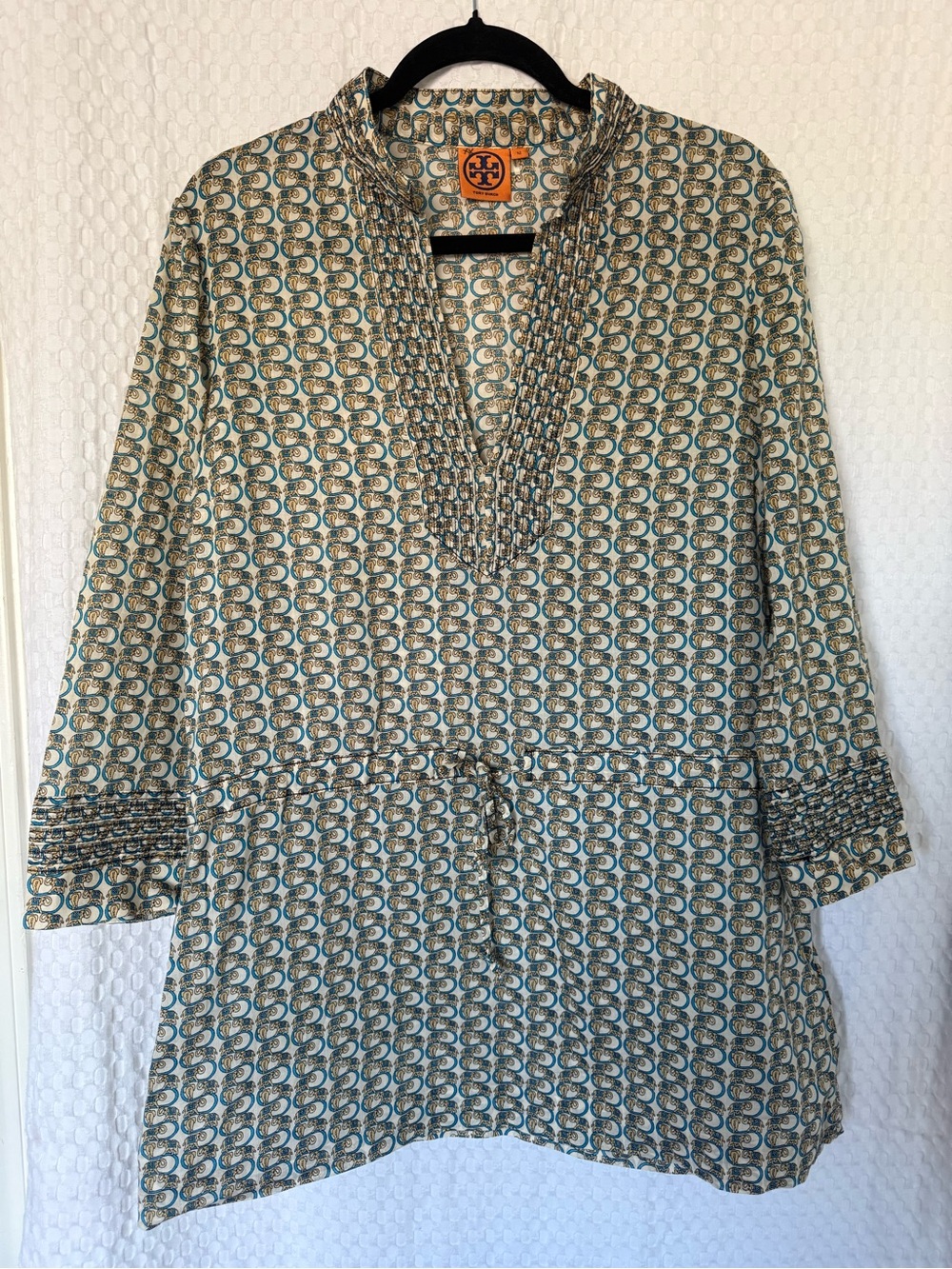 Tory Burch Elephant Print Cotton Tunic Blouse Size 12 Blue Ivory Boho Resort - Picture 2 of 8